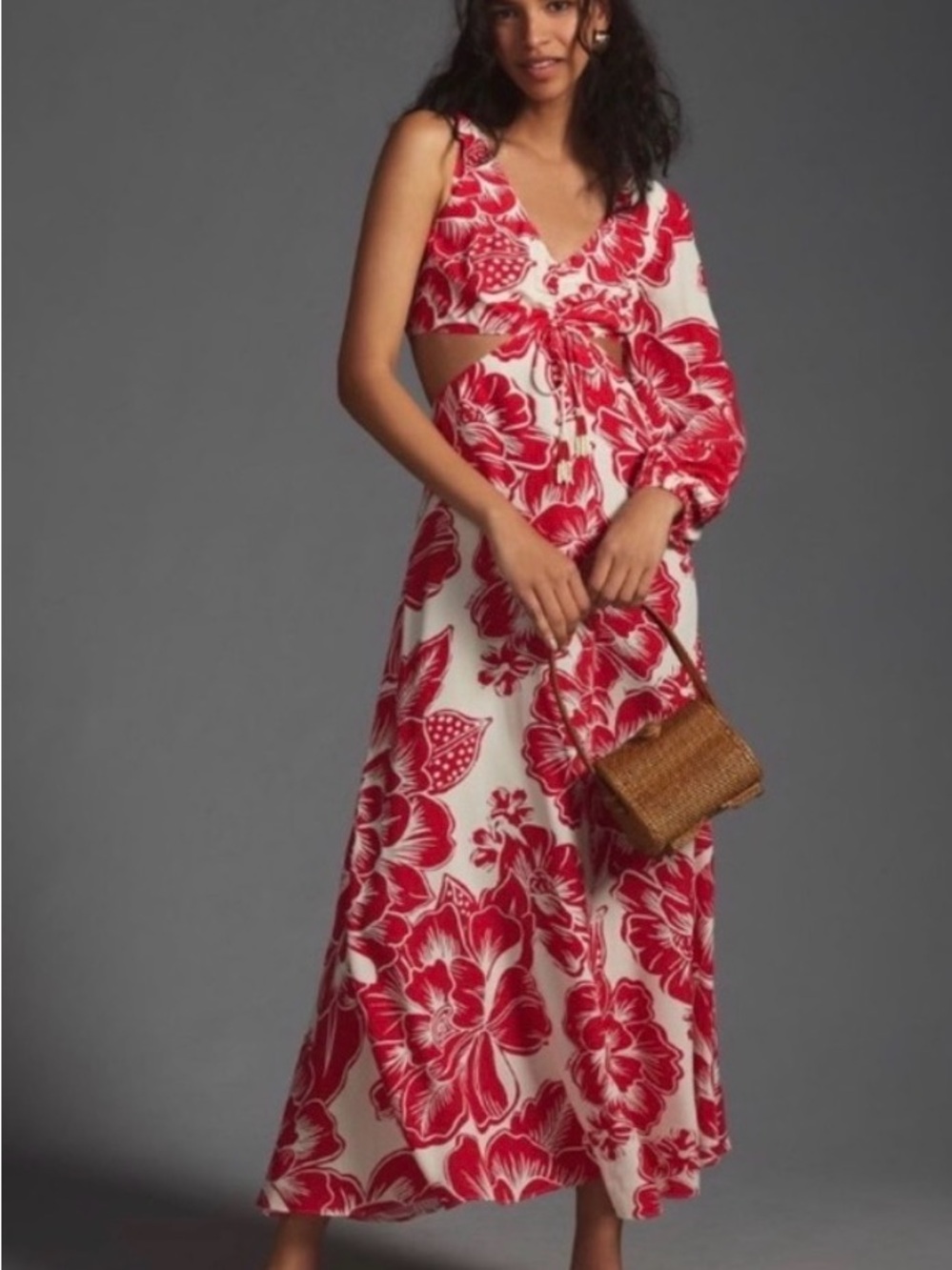 Farm Rio Red & White Floral Cutout Maxi Dress - Women's Summer Dress - Picture 1 of 7